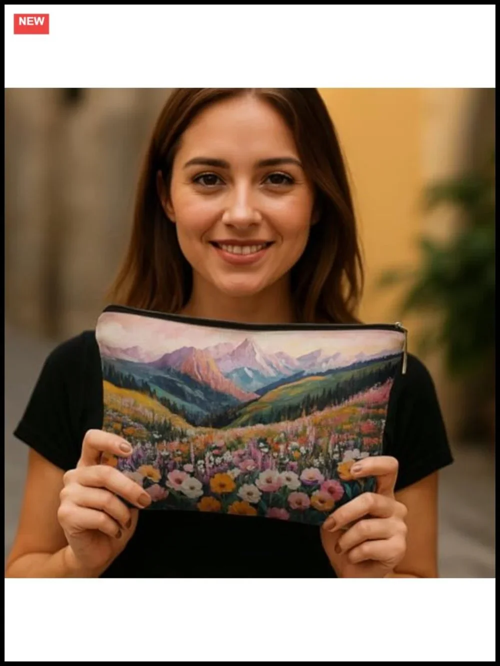 Abstract Mountain Wildflower Makeup Bag, Floral Botanical Cosmetic Pouch,